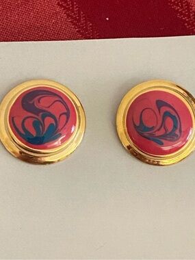 Trendy boutique Gold & Pink Swirl Button Earrings with Teal Accents